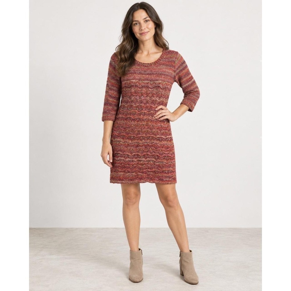 Kensie Women's Large Multicolor Space Dye Knit Sweater Dress Boho 3/4 Sleeve